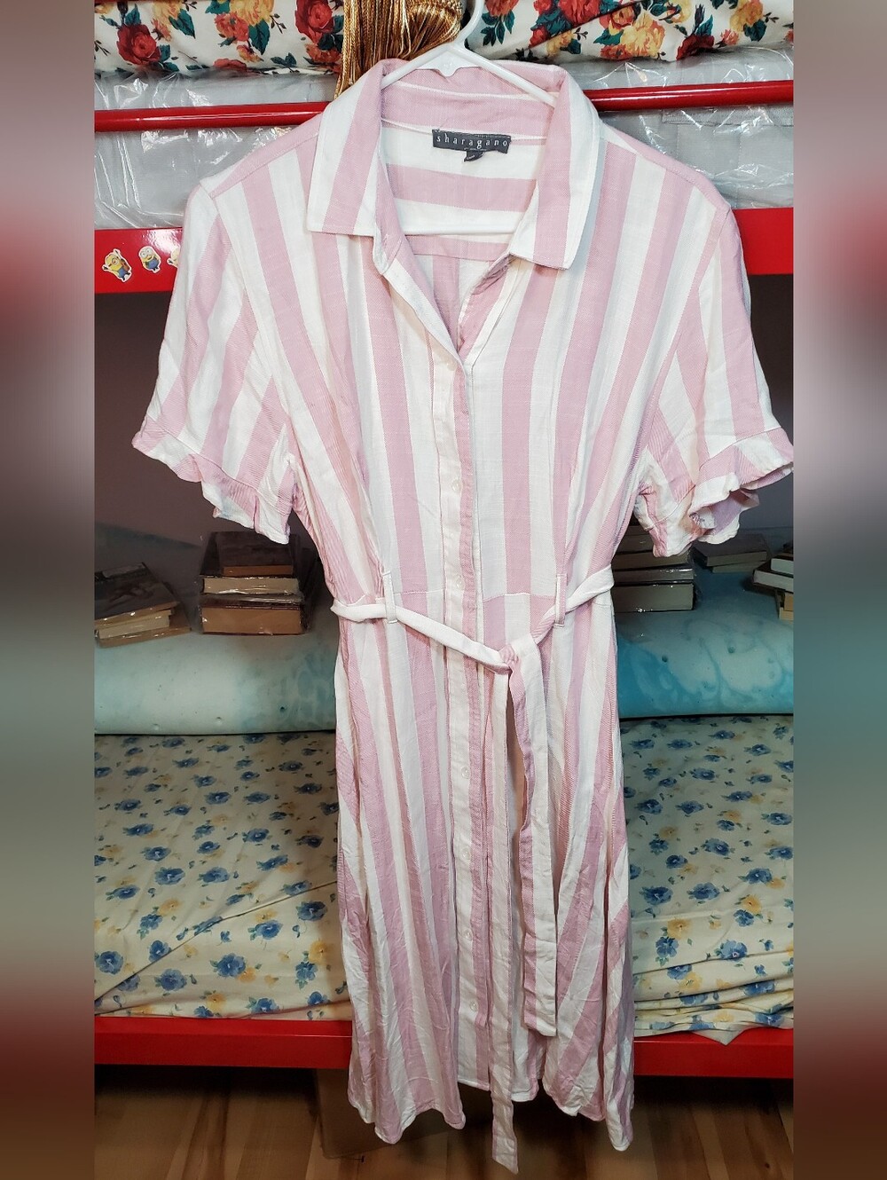 Sharagano Pink and White Striped Button-Front Shirt Dress Size Large